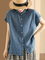 Plus Size Women Vintage Solid 100%Linen Button-up Shirt