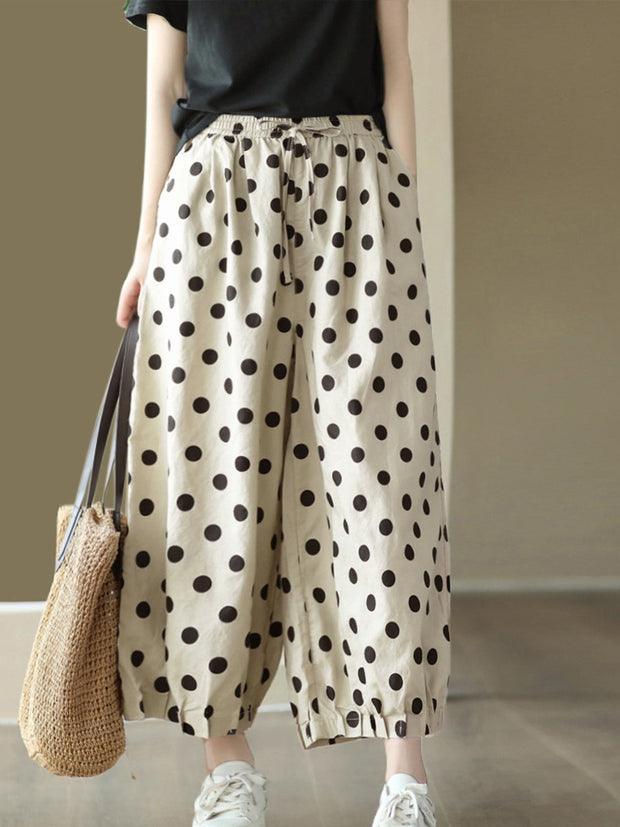 Plus Size Women Vintage Dot Shirred Drawstring Linen Wide-leg Pants