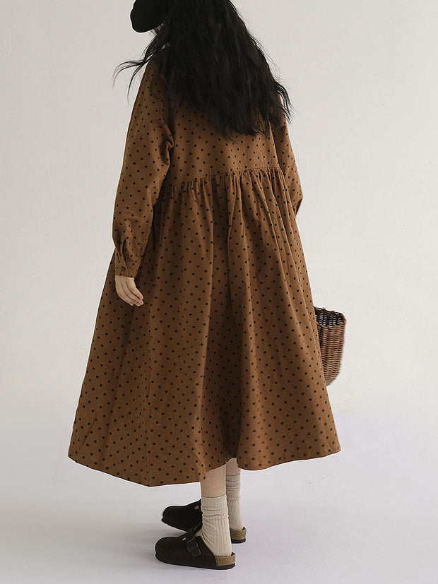 Plus Size Women Vintage Dot Pleat Long Sleeve Dress