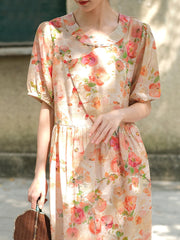 Plus Size Women Vintage Summer Floral Button Loose Ramie Dress