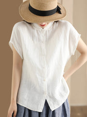 Plus Size Women Vintage Solid 100%Linen Button-up Shirt