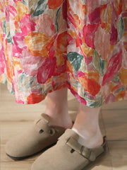 Plus Size Women Summer Artsy Flower Drwastring Ramie Skirt