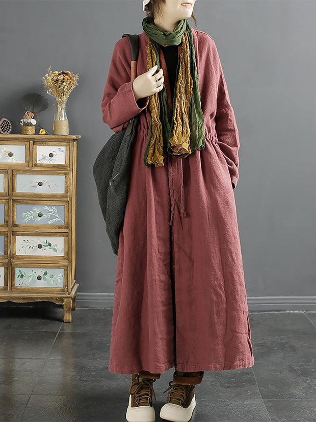 Plus Size Women Vintage Drawstring Linen Long Coat