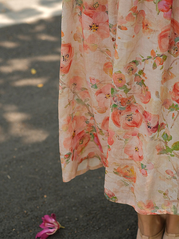 Plus Size Women Vintage Summer Floral Button Loose Ramie Dress