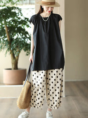 Plus Size Women Vintage Dot Shirred Drawstring Linen Wide-leg Pants