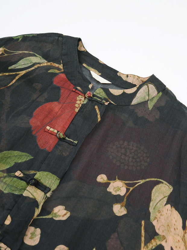 PLus Size Women Vintage Flower Print Ramie Spring Long Shirt