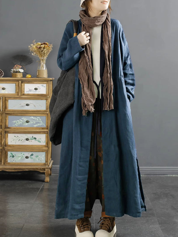 Plus Size Women Vintage Drawstring Linen Long Coat