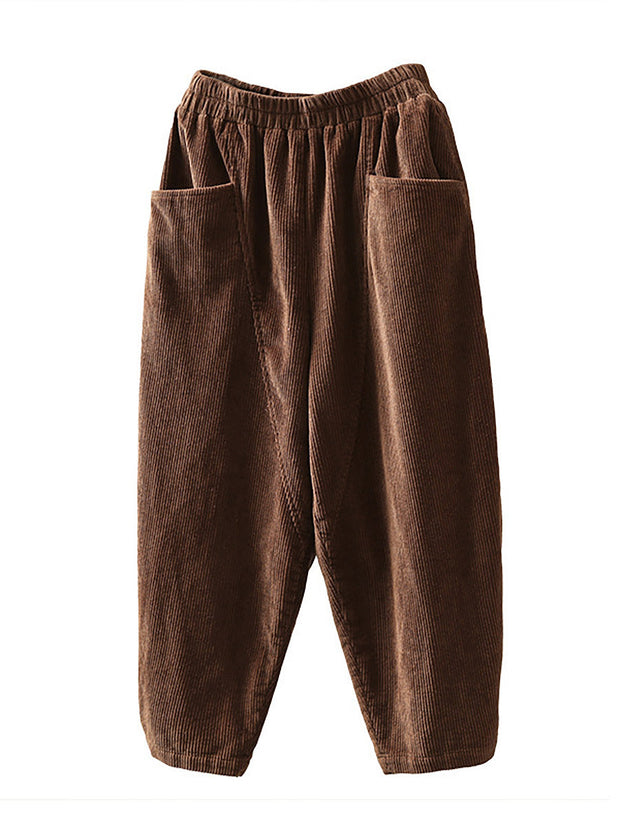 Plus Size - Elastic Waist Corduroy Cotton Handmade Pants