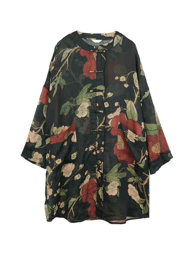 PLus Size Women Vintage Flower Print Ramie Spring Long Shirt