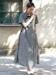 Plus Size Women Summer Vintage Plaid Frog Loose Dress