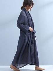 Plus Size Women Spring Linen Wrinkled Lacing Long Coat