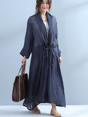 Plus Size Women Spring Linen Wrinkled Lacing Long Coat