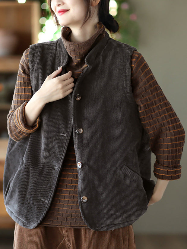 Plus Size Women Vintage Cotton Corduroy Loose Padded Vest