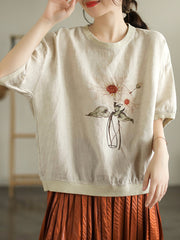 Plus Size Women Linen Casual Summer Flower Short Sleeve T-Shirt