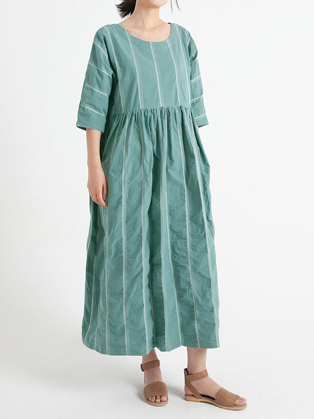 Plus Size Cotton Casual Summer Half Sleeve Loose Pleated Dress