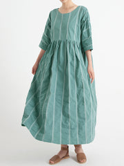 Plus Size Cotton Casual Summer Half Sleeve Loose Pleated Dress