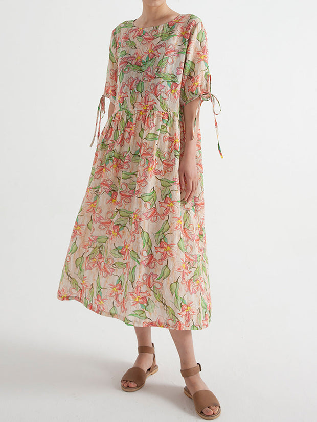 Plus Size Floral Ramie Summer Short Sleeve Loose Dress