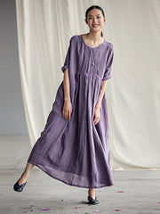 Plus Size Chinese Style Elegant Pleated Loose Linen Dress