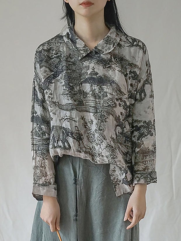 Plus Size Vintage Floral Ramie Autumn Women Loose Shirt