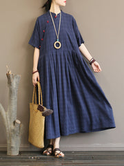 Plus Size Pleated Plaid Vintage Women Chinese Style Dress