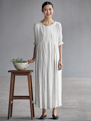 Plus Size Chinese Style Elegant Pleated Loose Linen Dress