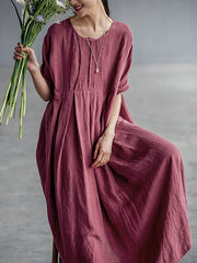 Plus Size Chinese Style Elegant Pleated Loose Linen Dress