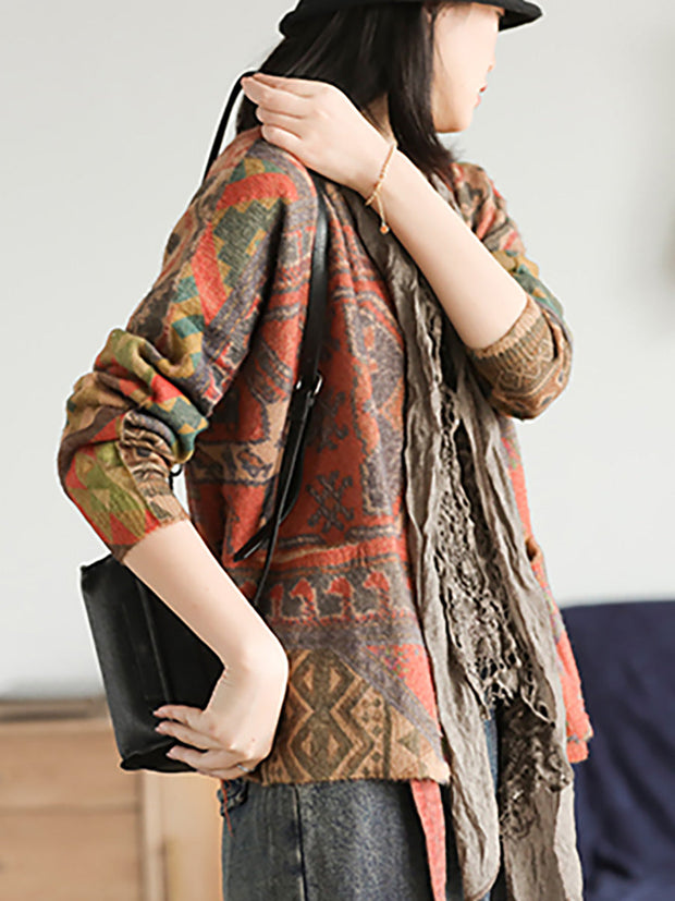 Plus Size - Casual Floral Comfortable Knit Sweater Coat