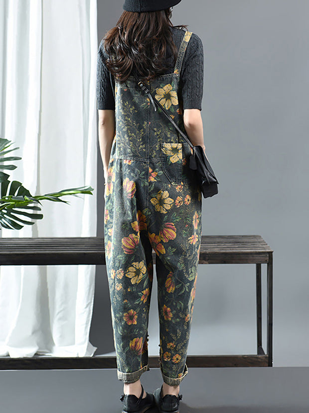 Plus Size - Flower Print Casual Denim Cotton Jumpsuit Dungarees