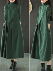 Plus Size - Solid Color Draped High Neckline Dress