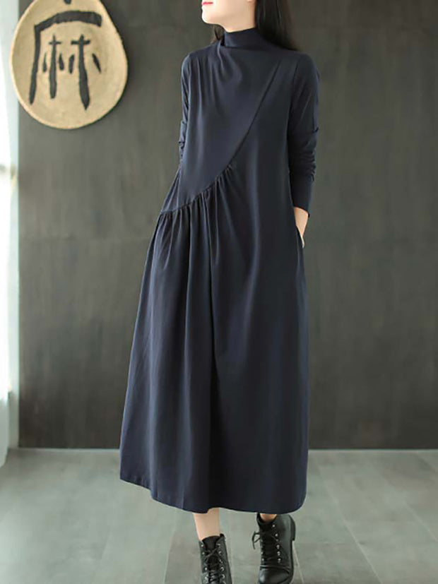Plus Size - Solid Color Draped High Neckline Dress