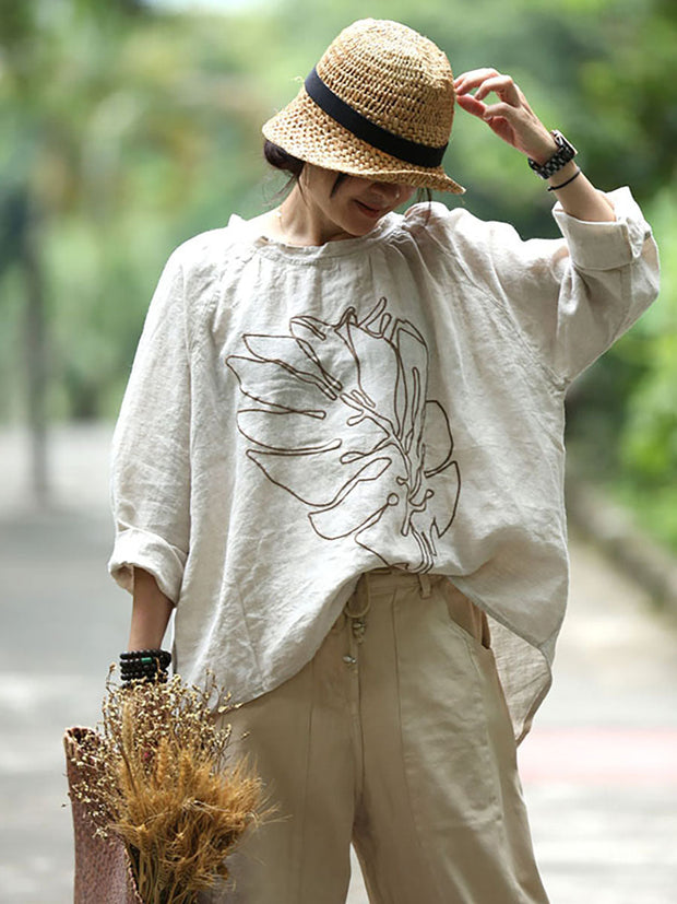 Plus Size - Embroidery Long Sleeves Autumn Loose Linen T-Shirt