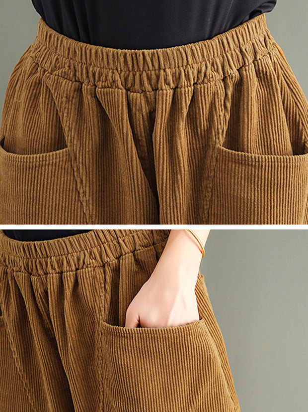 Plus Size - Elastic Waist Corduroy Cotton Handmade Pants