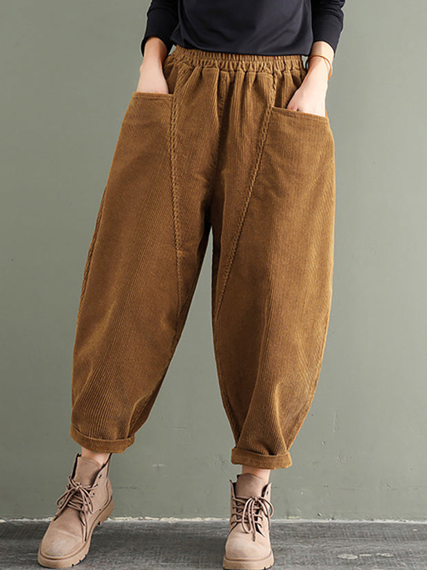 Plus Size - Elastic Waist Corduroy Cotton Handmade Pants