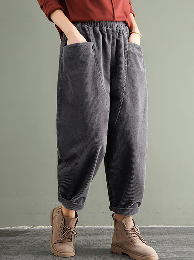 Plus Size - Elastic Waist Corduroy Cotton Handmade Pants