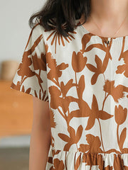 Plus Size - 100% Cotton Women O-neck Floral Dress