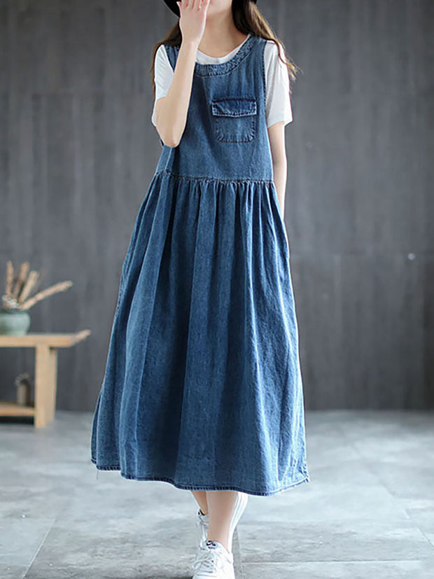 Plus Size - Denim Pleated Long Sleeveless Pinafore Dress