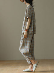 Plus Size Linen Plaid Drawstring Two Pieces Sets