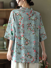 Plus size - Cotton Linen Floral Irregular Vintage Shirt