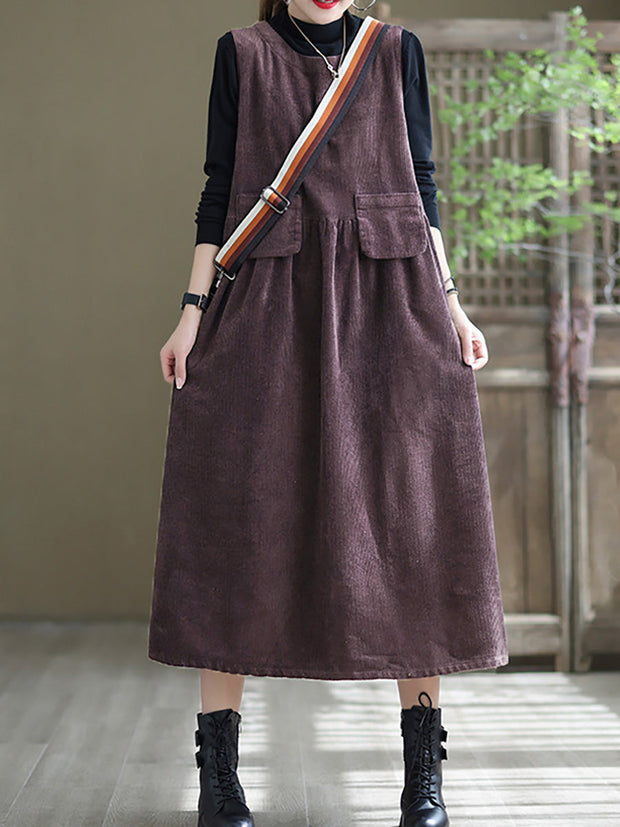 Plus Size - Corduroy Pocket Casual Sleeveless Pinafore Dress