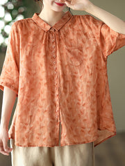 Plus Size Vintage Floral Ramie Casual Summer Women Shirt