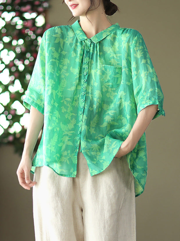 Plus Size Vintage Floral Ramie Casual Summer Women Shirt