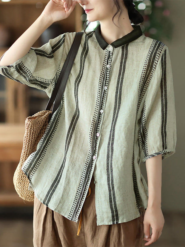 Plus Size Vintage Stripe Ramie Casual Summer Women Shirt