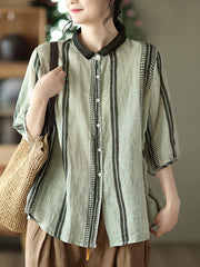 Plus Size Vintage Stripe Ramie Casual Summer Women Shirt