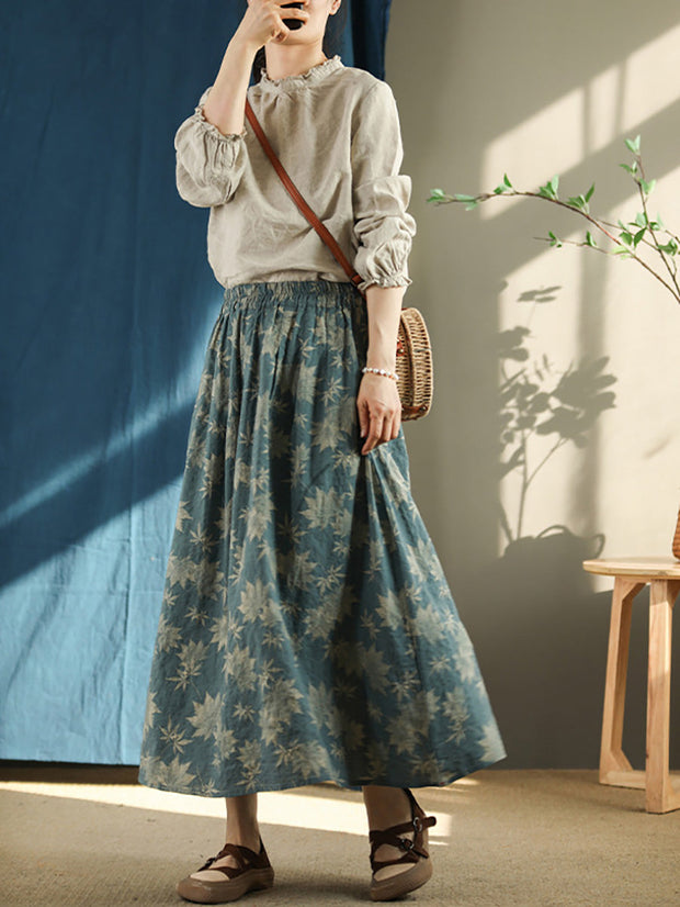 Plus Size Floral Vintage Elastic Waist Summer Loose Skirt