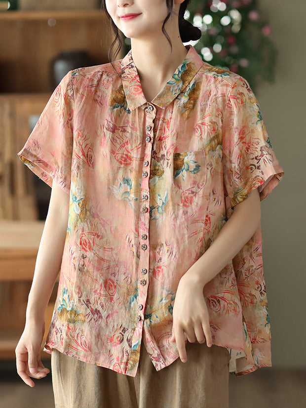 Plus Size Floral Ramie Vintage Summer Women Loose Shirt