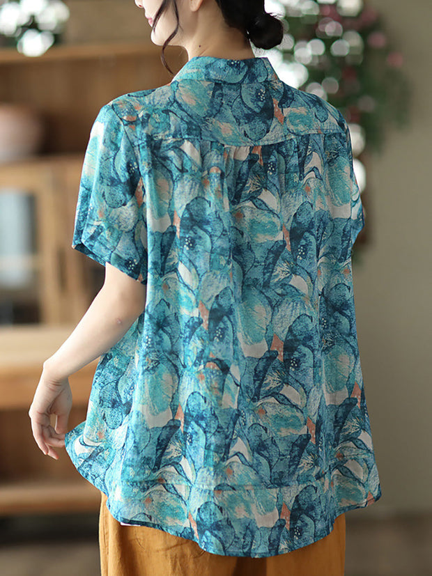 Plus Size Floral Ramie Vintage Summer Women Loose Shirt