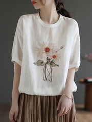 Plus Size Women Linen Casual Summer Flower Short Sleeve T-Shirt