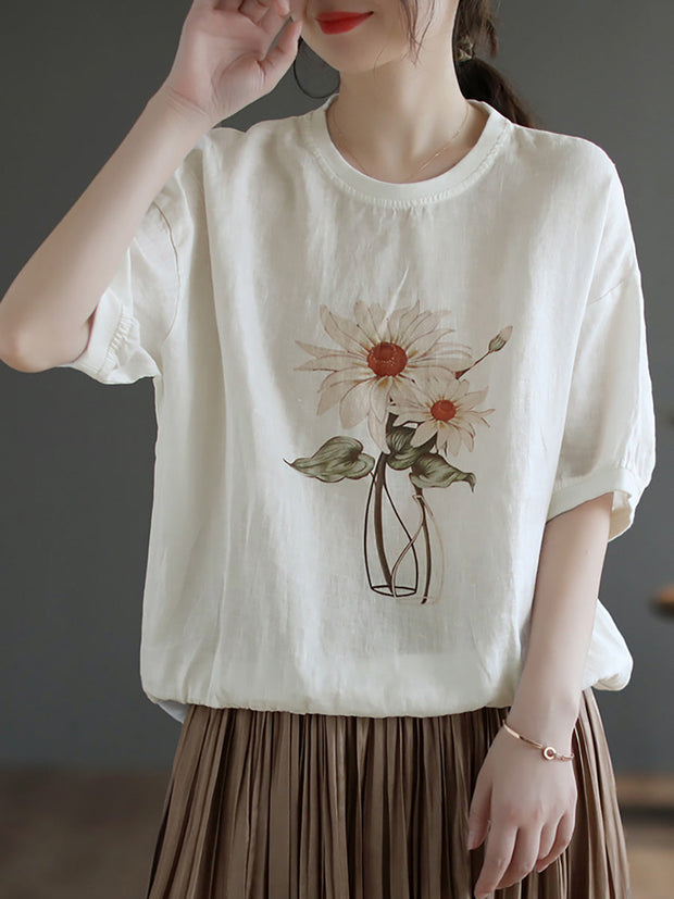 Plus Size Women Linen Casual Summer Flower Short Sleeve T-Shirt