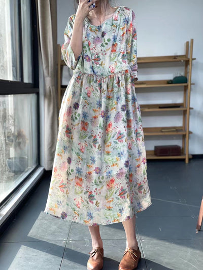 Plus-Size Floral Pleated Summer Casual Loose Dress