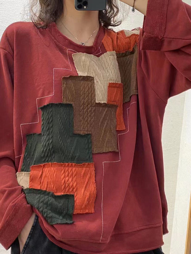 Plus Size Autumn Women Vintage Patchwork Loose Sweatshirt